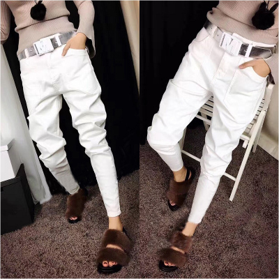 902新款2017春夏新款大码牛仔裤女宽松垮裤潮哈伦裤长裤白色小脚裤子定制