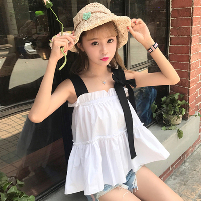 902新款夏装新款韩版学院风百搭蝴蝶结露肩吊带背心女无袖外穿娃娃衫上衣定制