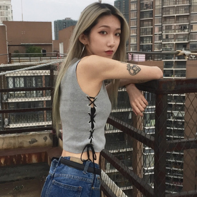 902新款春夏女装韩版百搭无袖绑带针织衫短款外穿背心吊带打底衫露脐上衣定制