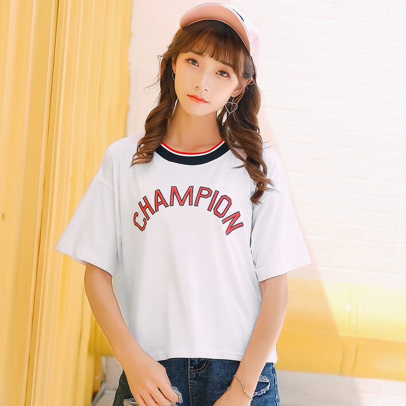 902新款韩国软妹可爱短袖t恤女宽松百搭圆领拼色上衣学生夏季大码打底