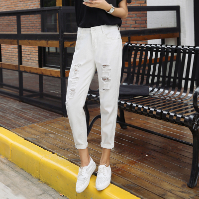 902新款百搭夏季破洞哈伦裤宽松九分裤女士牛仔裤9分韩版bf乞丐白色学生定制