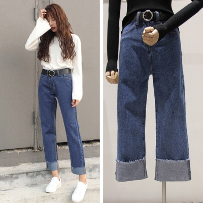902新款少女卷边牛仔裤女装毛边阔腿裤大码翻边直筒九分裤中大学生裤子秋定制