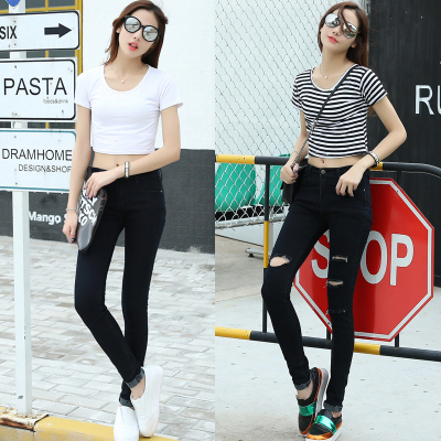 902新款黑色中高腰膝盖破洞裤女长裤修身小脚裤弹力紧身牛仔裤定制