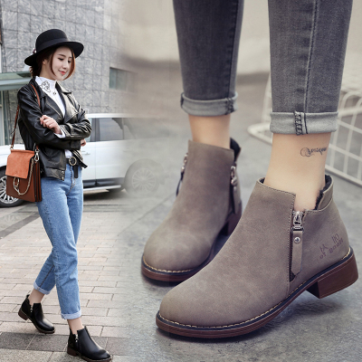 902新款2017新款春秋女短靴时尚马丁靴圆头单靴平底女靴中跟女鞋潮裸靴子定制