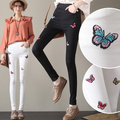 顺崇2018高腰牛仔裤女2018春季新款韩版显瘦小脚铅笔裤刺绣长裤