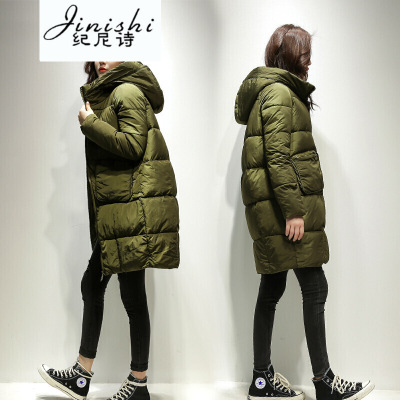 纪尼诗女装2018韩版茧型大码中长款大口袋羽绒服休闲时尚女