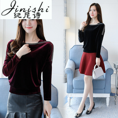 纪尼诗(Jinishi)女装2018新款大码韩版打底衫女长袖宽松秋冬金丝绒上衣女5827