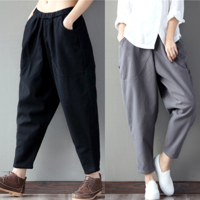 qma新款棉麻九分裤女哈伦裤文艺复古萝卜裤宽松大码松紧腰阔腿亚麻休闲裤定制