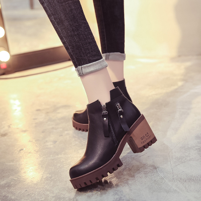 qma新款2017秋冬新款短靴女单靴侧拉链高跟马丁靴女圆头粗跟女靴韩版靴子定制