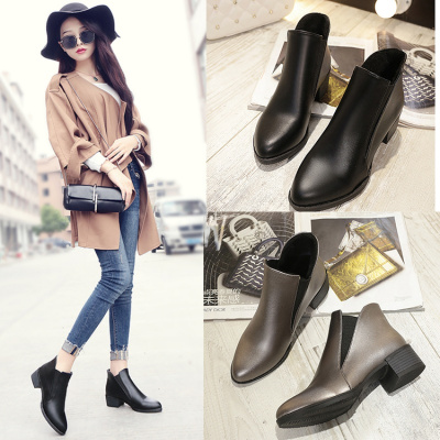 qma新款2017秋冬季新款靴子学生女鞋松紧套筒马丁靴英伦粗跟短靴尖头皮鞋定制