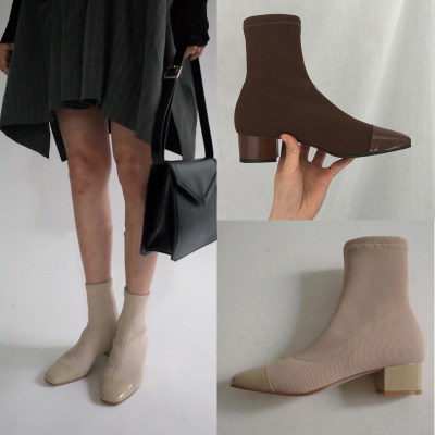 qma新款韩国短靴女秋冬粗跟中跟弹力靴裸靴针织袜子靴女靴方头马丁靴单靴定制