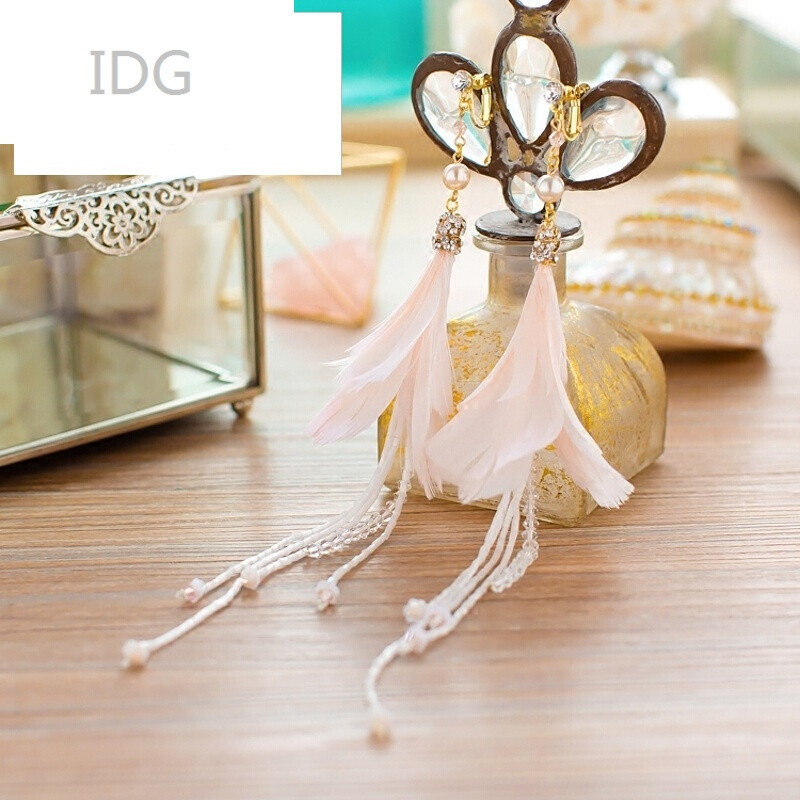 idg韩式粉色羽毛耳环新娘长款耳饰结婚纱婚纱礼服配饰品清璇