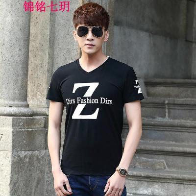 锦铭七玥2018春夏季新款半袖男士短袖T恤男T恤修身v领印花打底小衫男装潮