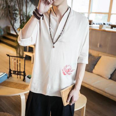2017新款夏季T恤男短袖v领中袖宽松韩版亚麻中国风五分袖棉麻半袖衣服男装