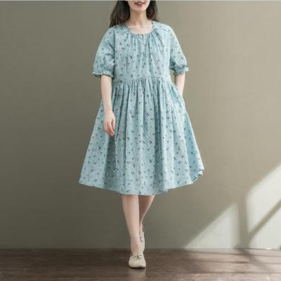 2017夏装新款森女小清新文艺复古宽松大码显瘦纯棉布碎花连衣裙潮