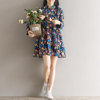 2017春季新款森女甜美可爱印花娃娃领高腰长袖纯棉磨毛衬衣连衣裙