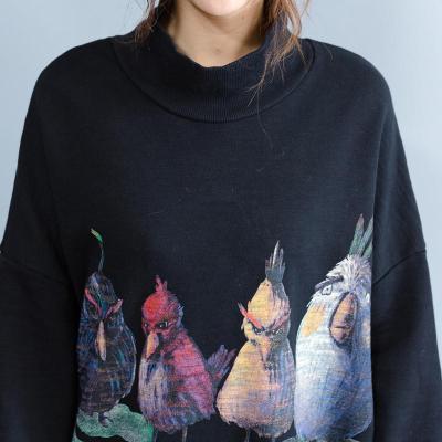 秋冬新款文艺女胖mm宽松大码卡通印花长袖加绒半高领纯棉套头卫衣