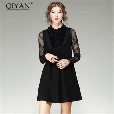 2017秋季新款女装气质无袖木耳边领A字裙拼接系带宽松性感连衣裙女黑色