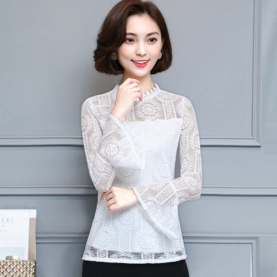 微胖MM蕾丝衫2017秋装新款大码韩版立领时尚修身长袖打底衫女上衣