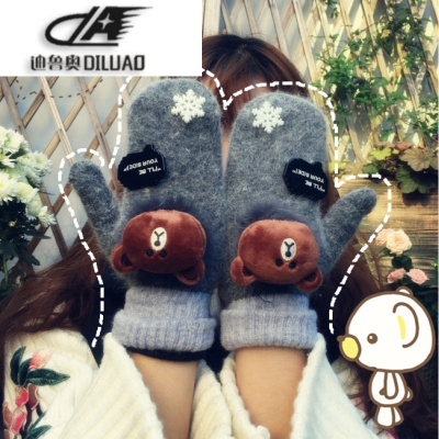 韩国冬季新款布朗熊可妮兔莎莉鸡兔毛毛球加厚手套毛绒保暖手套