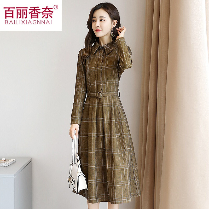 女装中长款秋冬款长袖格子裙子 百丽香奈(bailixiangnai)连衣裙【价格
