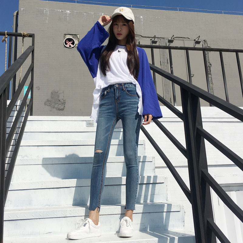 个性破洞牛仔裤女九分裤2017新品春款复古小脚紧身弹力铅笔裤学生