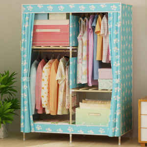 家时光 简易布衣柜实木易组装衣橱布衣柜布艺牛津布实木双人加固柜 蓝色脚丫