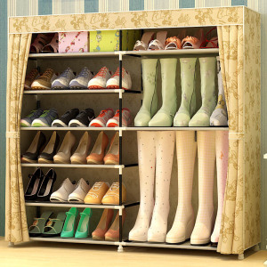 家时光 金属简易鞋柜鞋架可放靴子多层铁艺双排收纳防尘布鞋柜现代简约鞋架子
