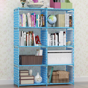 家时光 简易书架学生组装双排书柜多功能置物架组合加固储物收纳柜简约书架 蓝色点点