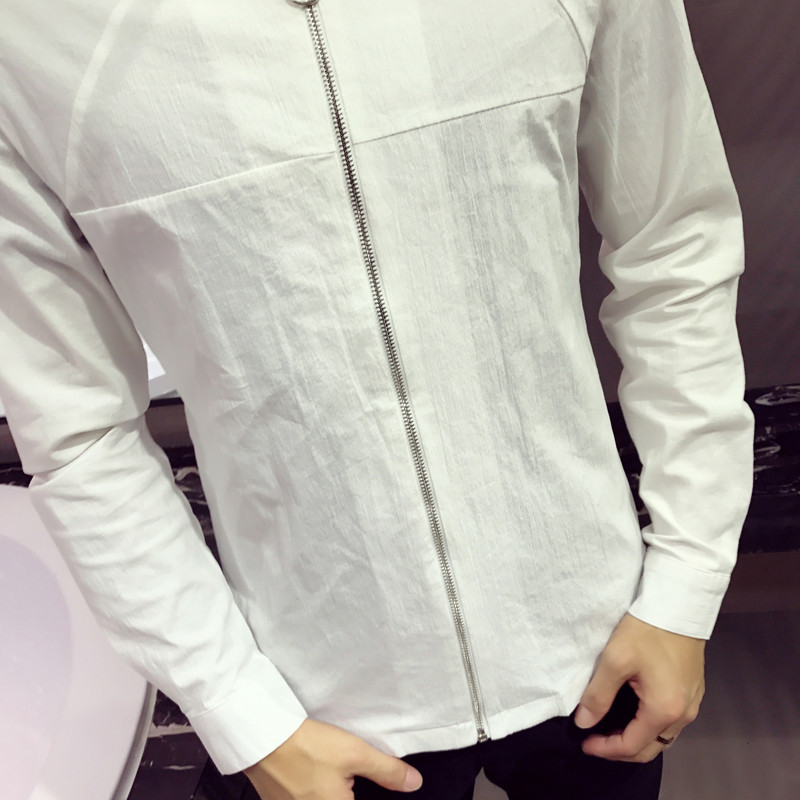 青年修身型长袖秋季2017年收口袖拉链门襟立领纯丁布