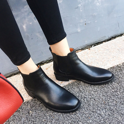 欧美秋冬切尔西松紧带短靴短筒中跟粗跟圆头靴子女春秋及裸靴