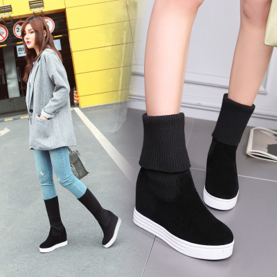 新款女高帮鞋厚底内增高女靴毛线口女鞋秋冬款女棉鞋防滑底中筒靴