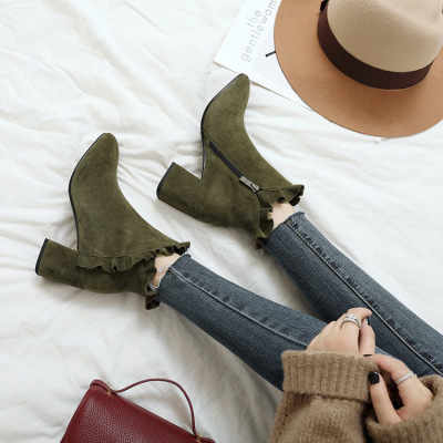 韩版秋季新款高跟粗跟防水台短靴侧拉链圆头休闲百搭女靴