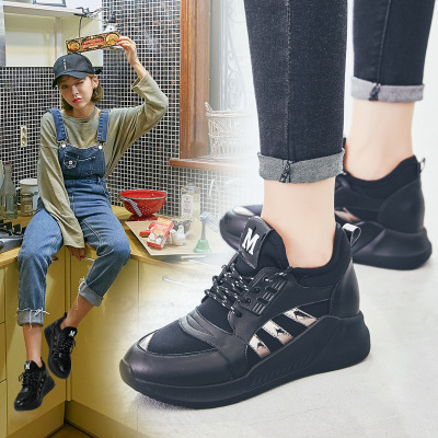 秋季新款女鞋子平底休闲运动鞋厚底内增高百搭学生鞋潮弹力布
