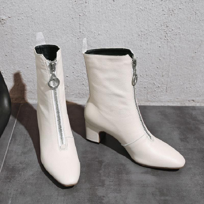 女鞋新款秋冬短靴女米白色粗跟中跟短靴方头女靴全皮拉链