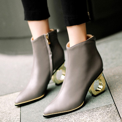 女鞋新款秋冬短靴女灰色粗跟中跟短靴电镀异型跟尖头女靴
