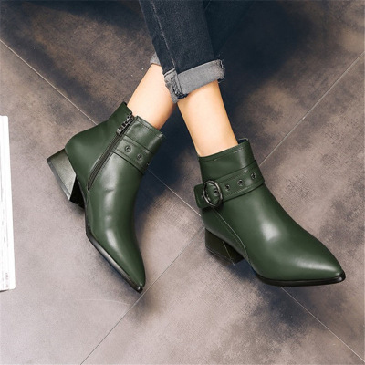欧美时尚军绿色单里绒里尖头中跟粗跟及裸靴皮带扣百搭显瘦女短靴
