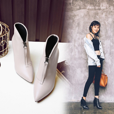 欧美时尚秋季新款前拉链尖头异形跟超高跟女靴子单里气质短靴