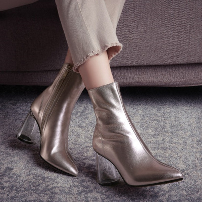 欧美时尚秋季新款水晶粗跟高跟尖头女靴子银色粉色气质女短靴