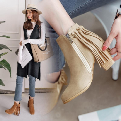 韩版短靴女粗跟时尚尖头秋冬新款流苏靴子磨砂复古裸靴女高跟大码