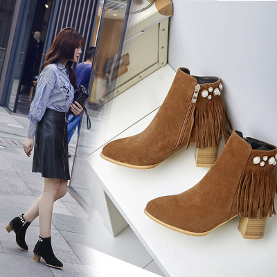 短靴春秋女新款粗跟鞋马丁靴大码40-43流苏短靴妈妈靴子女冬