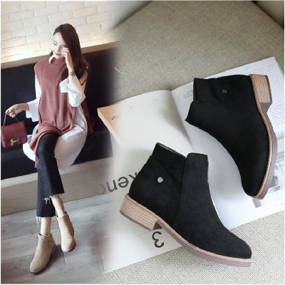 春秋冬季短靴粗跟大码女靴子41马丁靴胖肥脚43小码31低跟32短筒33