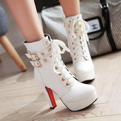 加绒防水台超高跟短靴英伦系带马丁靴粗跟欧美秋冬季女鞋靴子