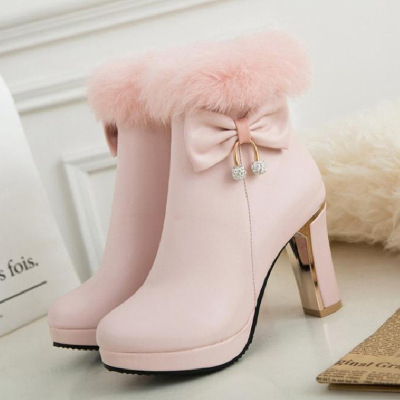 淑女保暖秋冬季雪地靴毛毛高跟短靴女新款蝴蝶结韩版百搭圆头靴子