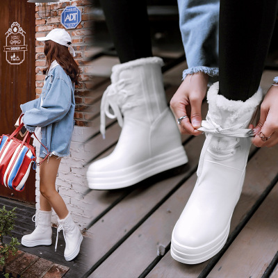 高跟短靴女冬季新款雪地靴毛毛靴厚底内增高坡跟系带短靴子