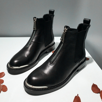 秋季新款头层牛皮真皮短靴女低跟帅气骑士靴切尔西短靴女