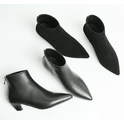 小猫跟尖头短靴女秋冬新款头层牛皮单靴黑色低跟短靴