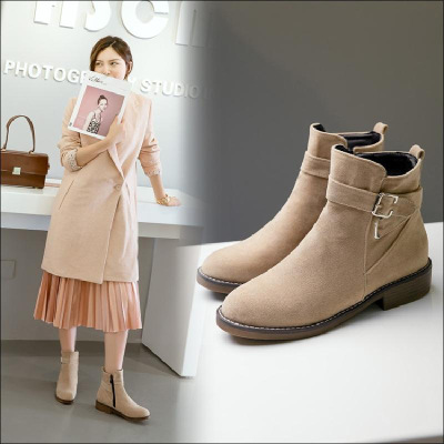 秋冬季新品韩风百搭低跟皮带扣圆头短靴平底马丁靴女学生裸靴