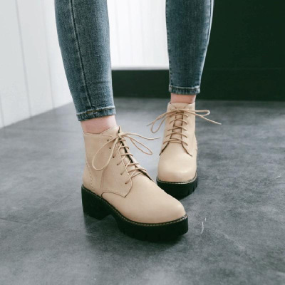 新款女鞋春秋厚底防滑系带欧美皮靴复古英伦风马丁靴女短靴