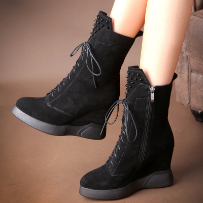 欧洲站秋冬新款真皮短靴圆头厚底内增高女靴磨砂皮高跟马丁靴